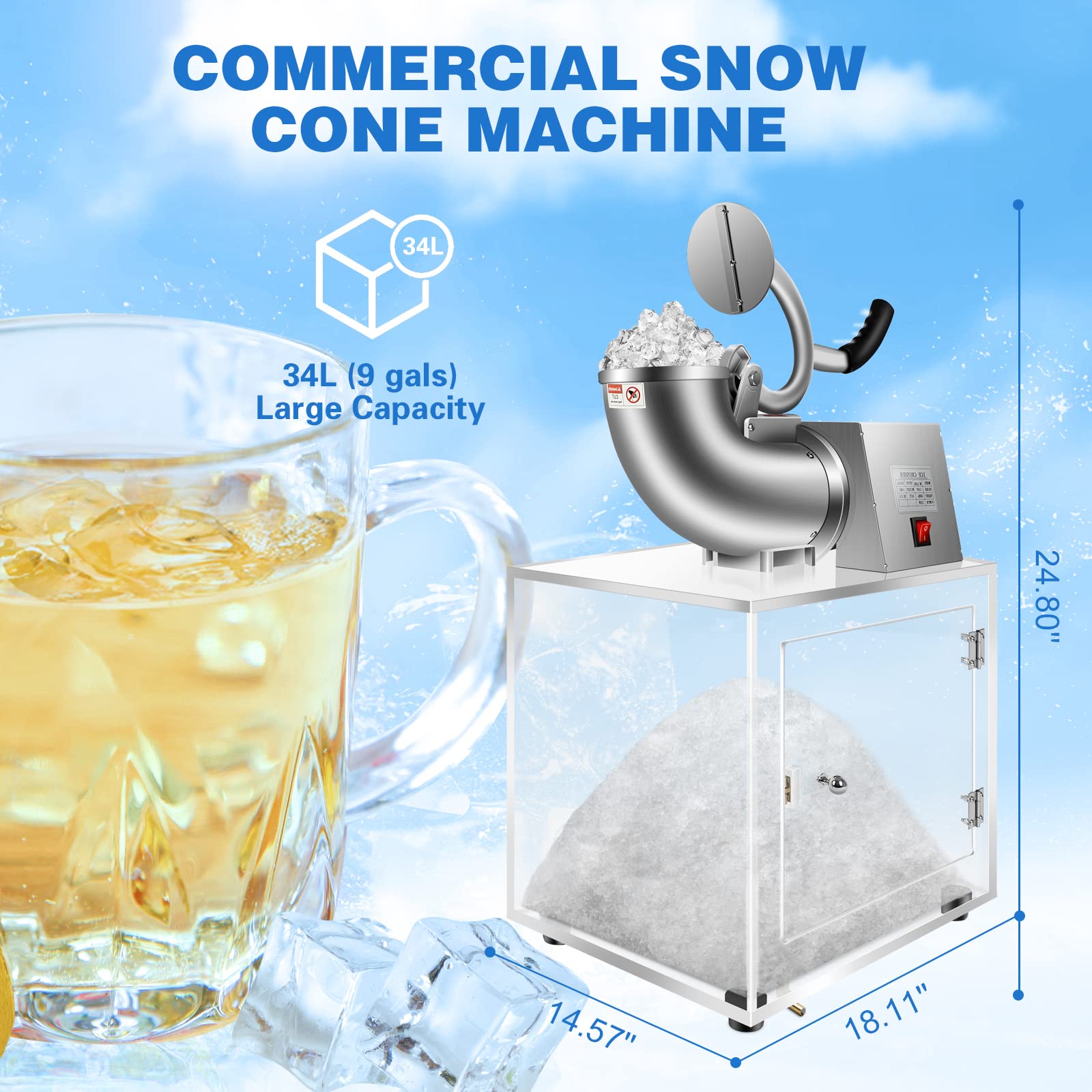 Commercial Snow Cone Machine Ice Shaver Macker 440lbs/hr, ETL Approved 300W Electric Ice Crusher Machine with Dual Blades, Shaved Ice Machine for Home, Restaurants, Bars