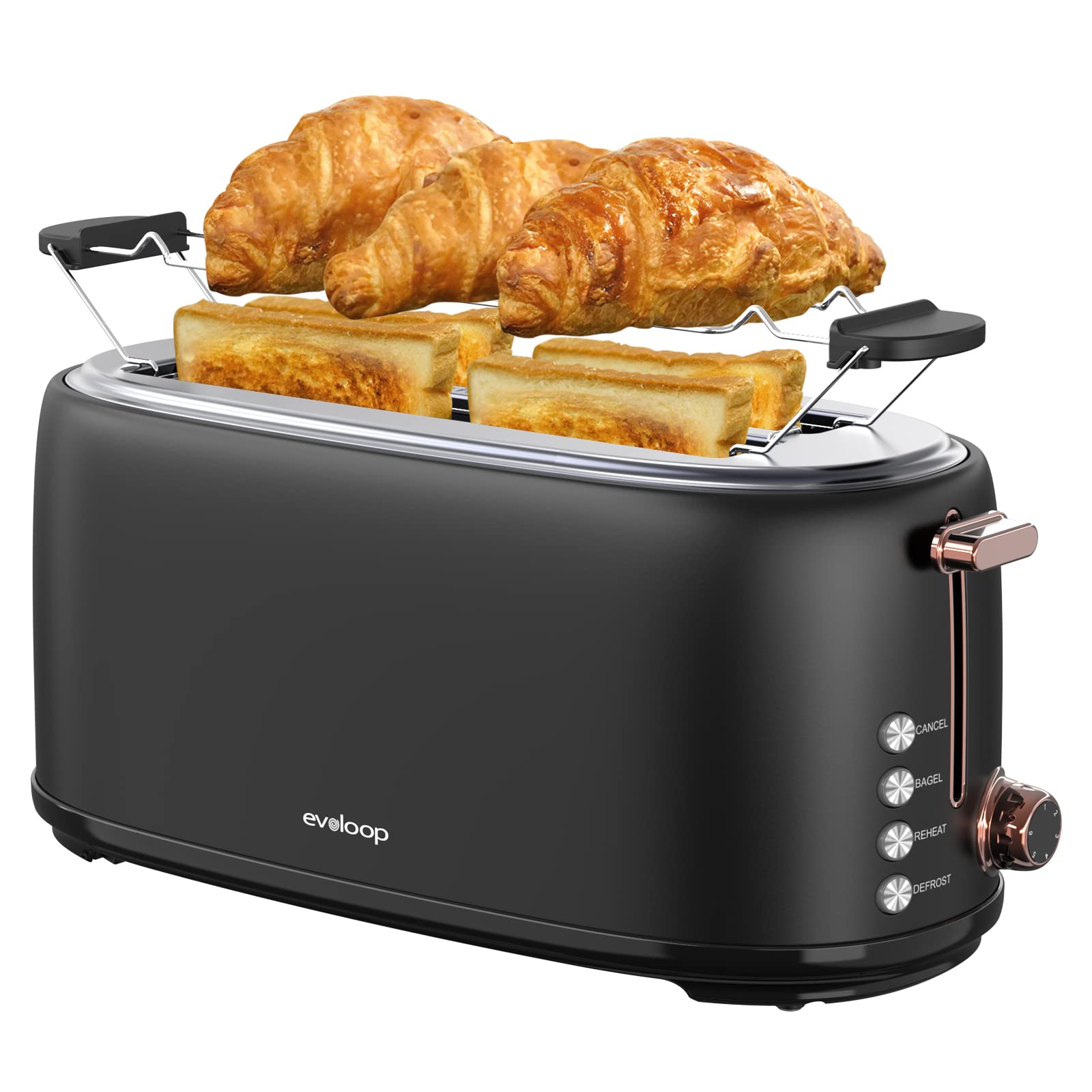 Evoloop Toaster 4 Slice, Stainless Steel Bread Toasters, 6 Bread Shade Settings, Reheat, Bagel, Defrost, Cancel Function, 1.5" Extra Wide Slots,Removable Crumb Tray（Black）