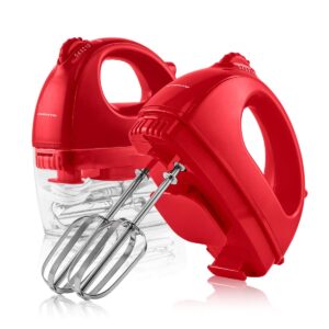 ovente portable electric hand mixer 5 speed mixing, 150w powerful blender for baking & cooking with 2 stainless steel chrome beater attachments & snap clear case compact easy storage, red hm161r