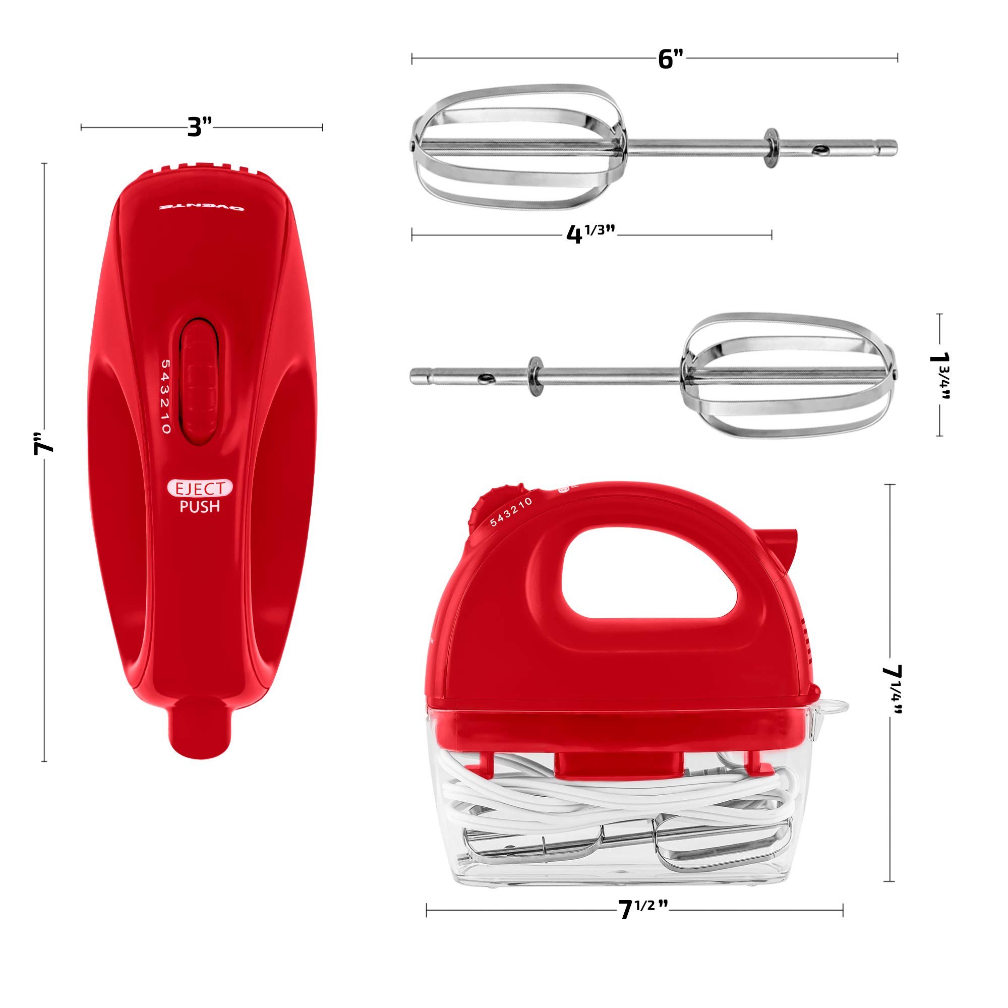 OVENTE Portable Electric Hand Mixer 5 Speed Mixing, 150W Powerful Blender for Baking & Cooking with 2 Stainless Steel Chrome Beater Attachments & Snap Clear Case Compact Easy Storage, Red HM161R