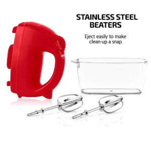 OVENTE Portable Electric Hand Mixer 5 Speed Mixing, 150W Powerful Blender for Baking & Cooking with 2 Stainless Steel Chrome Beater Attachments & Snap Clear Case Compact Easy Storage, Red HM161R