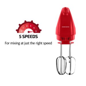 OVENTE Portable Electric Hand Mixer 5 Speed Mixing, 150W Powerful Blender for Baking & Cooking with 2 Stainless Steel Chrome Beater Attachments & Snap Clear Case Compact Easy Storage, Red HM161R