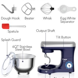 Stand Mixer, Petalirs 6 QT 660W 6-Speed Tilt-Head Food Mixer, Kitchen Electric Mixer with Dough Hook, Wire Whip & Beater