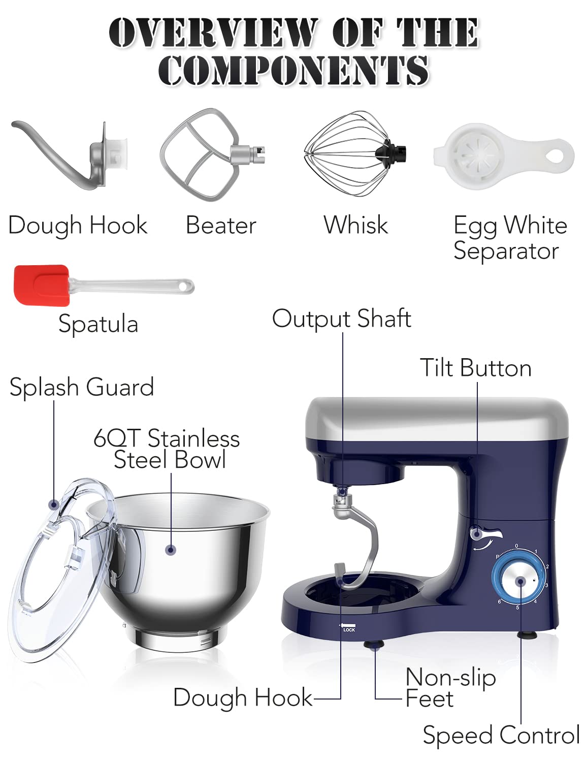 Stand Mixer, Petalirs 6 QT 660W 6-Speed Tilt-Head Food Mixer, Kitchen Electric Mixer with Dough Hook, Wire Whip & Beater