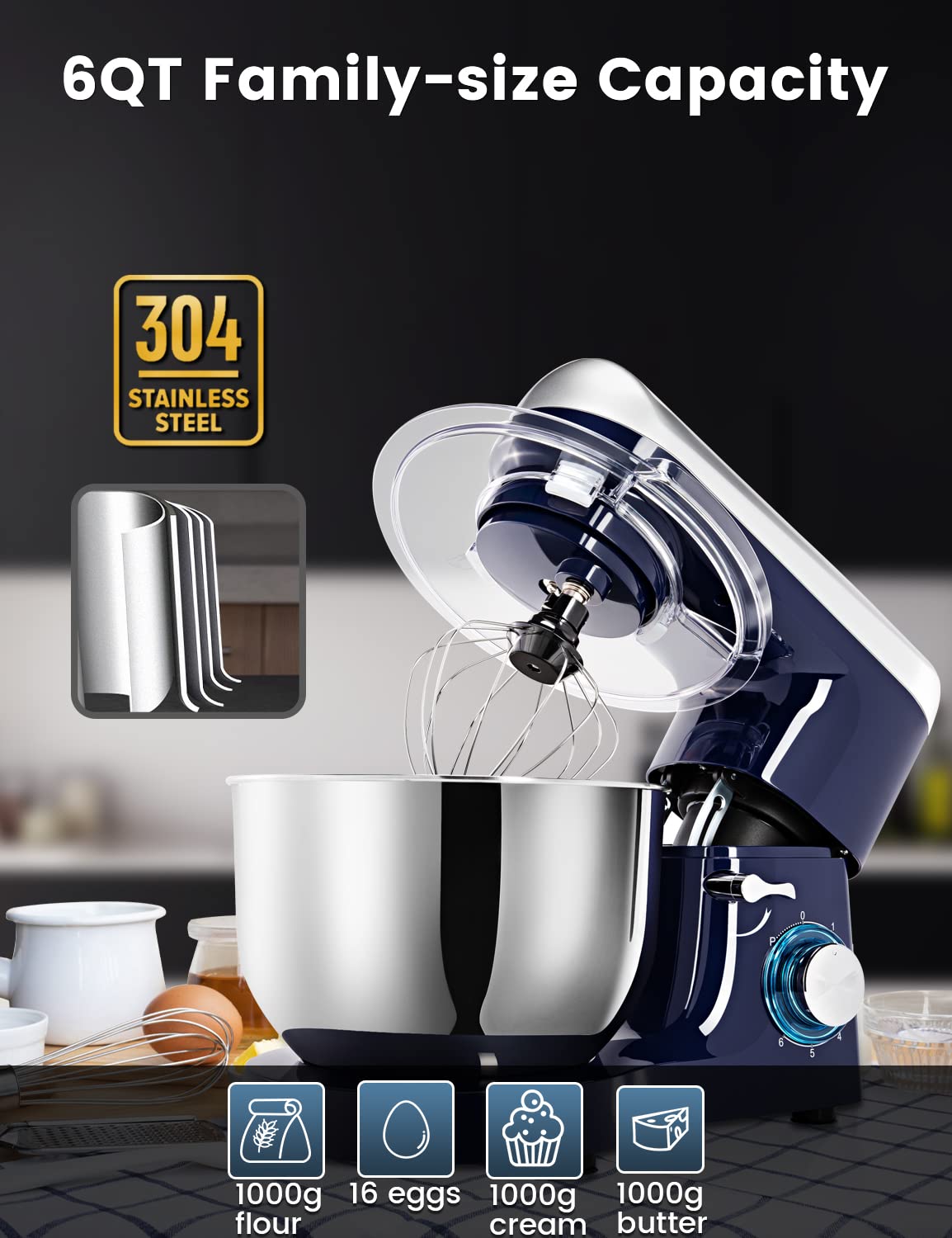 Stand Mixer, Petalirs 6 QT 660W 6-Speed Tilt-Head Food Mixer, Kitchen Electric Mixer with Dough Hook, Wire Whip & Beater