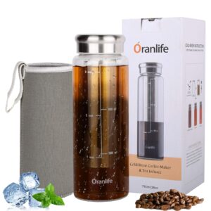 oranlife cold brew coffee maker, portable iced coffee and tea infuser with airtight lid, reusable stainless steel mesh filter for iced tea/coffee, 3cup, 26oz