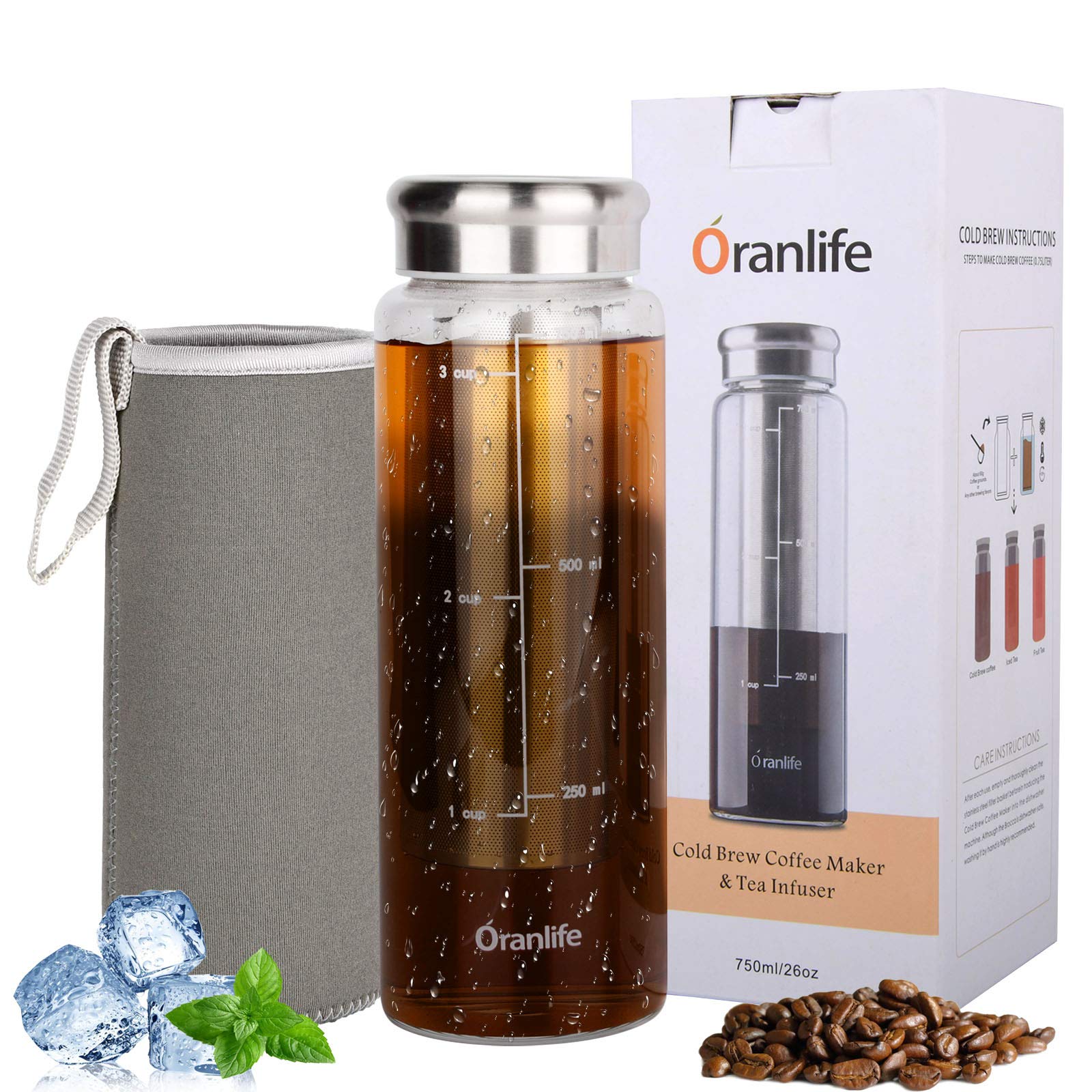 Oranlife Cold Brew Coffee Maker, Portable Iced Coffee and Tea Infuser with Airtight Lid, Reusable Stainless Steel Mesh Filter for Iced Tea/Coffee, 3cup, 26oz