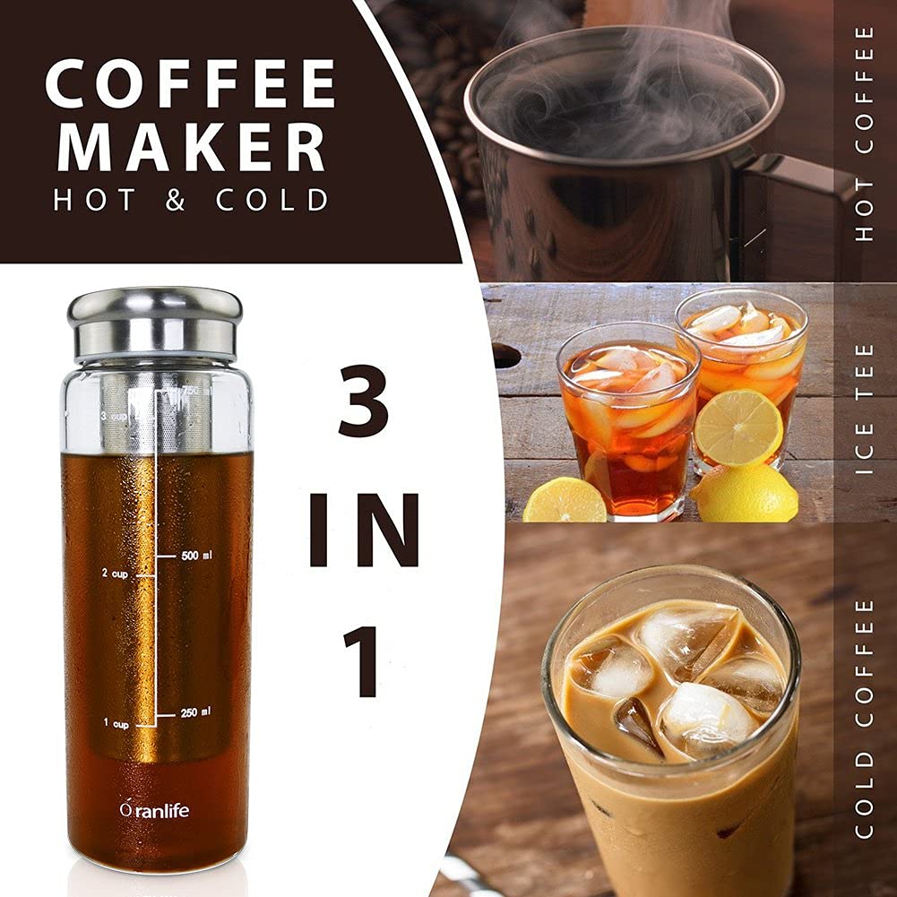 Oranlife Cold Brew Coffee Maker, Portable Iced Coffee and Tea Infuser with Airtight Lid, Reusable Stainless Steel Mesh Filter for Iced Tea/Coffee, 3cup, 26oz