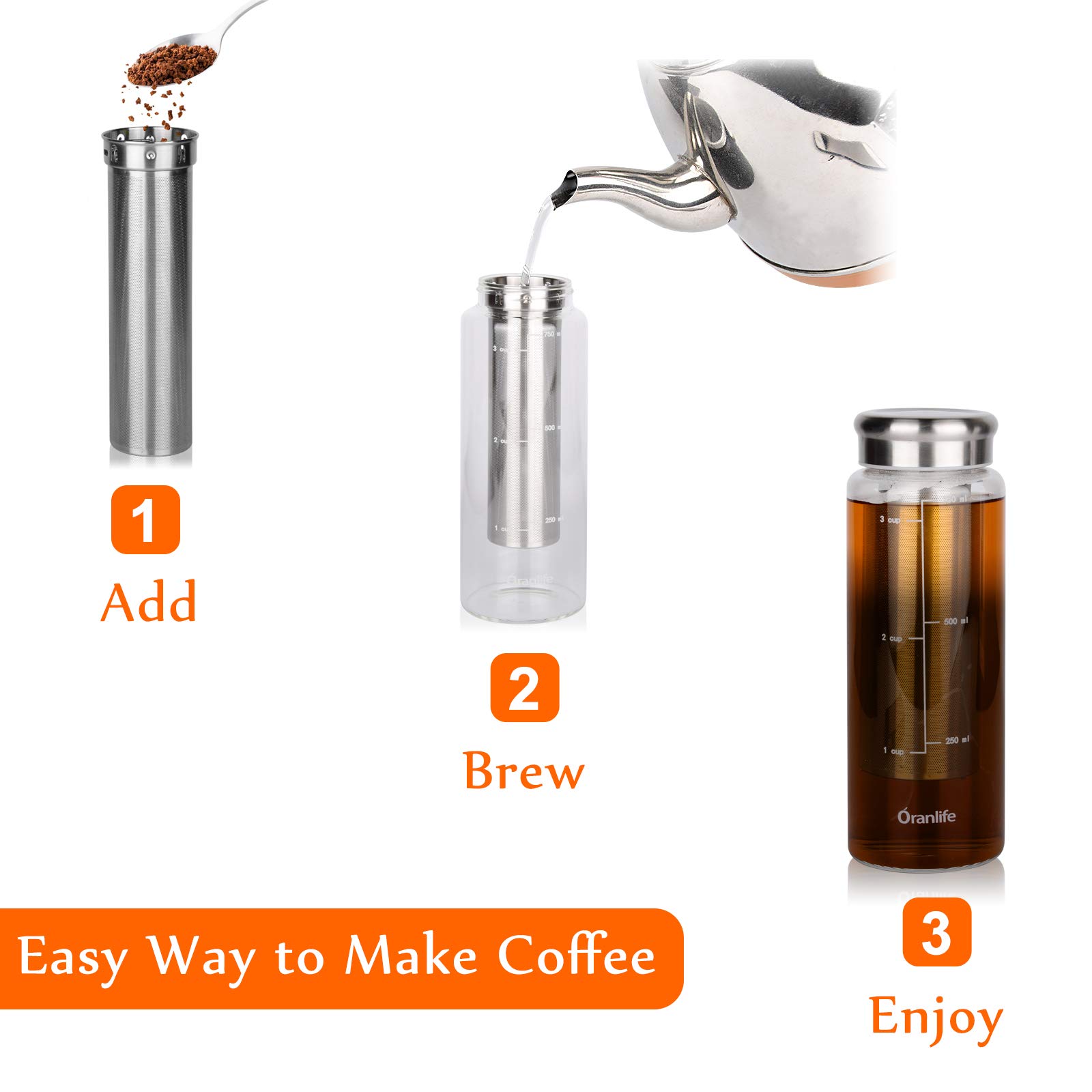 Oranlife Cold Brew Coffee Maker, Portable Iced Coffee and Tea Infuser with Airtight Lid, Reusable Stainless Steel Mesh Filter for Iced Tea/Coffee, 3cup, 26oz