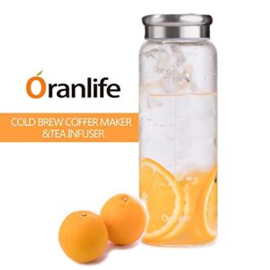 Oranlife Cold Brew Coffee Maker, Portable Iced Coffee and Tea Infuser with Airtight Lid, Reusable Stainless Steel Mesh Filter for Iced Tea/Coffee, 3cup, 26oz