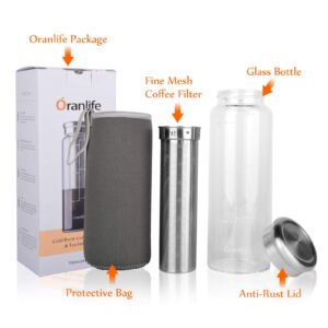 Oranlife Cold Brew Coffee Maker, Portable Iced Coffee and Tea Infuser with Airtight Lid, Reusable Stainless Steel Mesh Filter for Iced Tea/Coffee, 3cup, 26oz