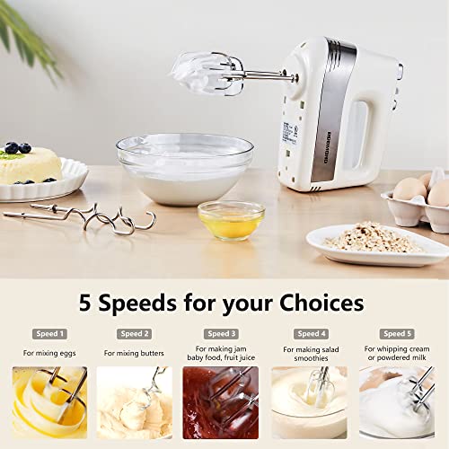 Hand Mixer Electric, REDMOND Hand Held Mixer with Turbo Function, Stainless Steel 5-Speed Kitchen Mixer for Whipping, Mixing Cookies, Cakes, Dough Batters, Cream