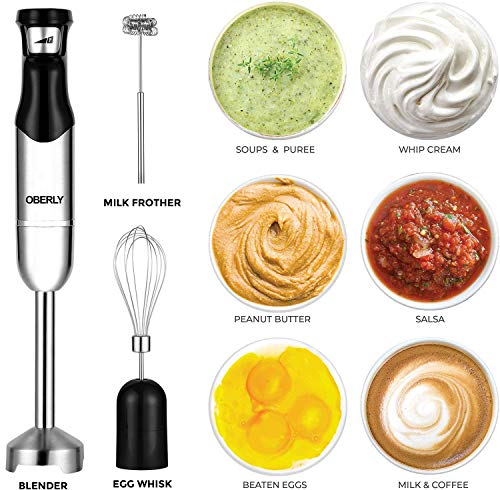 Immersion Hand Blender Electric, OBERLY 500W Smart Stepless 3-in-1 Heavy Duty Handheld Stick Mixer, Stainless Steel Blade with Milk Frother, Egg Whisk for Coffee Foam, Smoothies and Puree