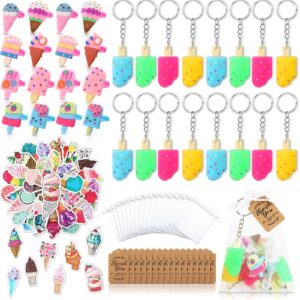 114 pcs ice cream party favors ice cream birthday party decoration supplies,include ice cream keychain, ice cream ring, ice cream sticker, thank you tag and organza bags for kids ice cream theme party