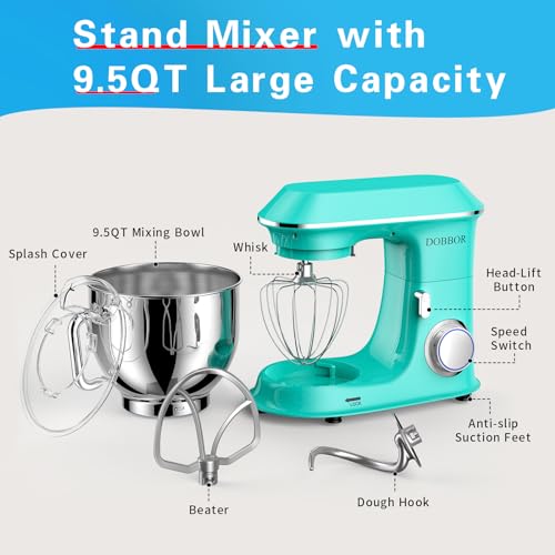 DOBBOR Electric Stand mixer, 9.5QT 660W 7 Speeds Tilt-Head Dough Mixers, Bread Mixer with Dough Hook, Whisk, Beater, Splash Guard for Baking Bread, Cake, Cookie, Pizza, Muffin, Salad and More - Blue