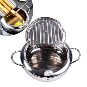kidybell deep fryer pan 304 stainless steel tempura frying pot japanese style fryer with thermometer，lid and oil drip rack(24cm/9.4inch)