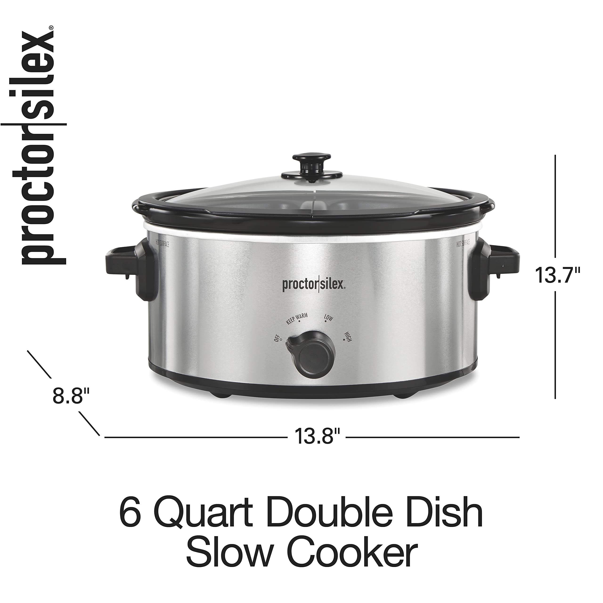 Proctor Silex Double Dish Slow Cooker with 6qt Crock and Dual 2.5qt Nonstick Insert to Cook Two Meals at Once, Dishwasher Safe Pot & Lid, Silver (33563)