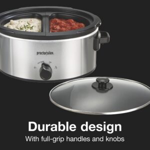 Proctor Silex Double Dish Slow Cooker with 6qt Crock and Dual 2.5qt Nonstick Insert to Cook Two Meals at Once, Dishwasher Safe Pot & Lid, Silver (33563)