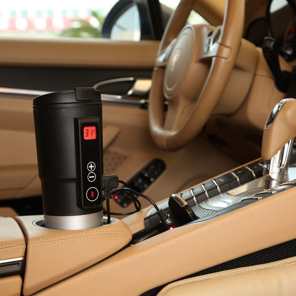 LEJIEYIN Temperature Control Mug Travel Heating Cup Electric Heating Cup for Coffee in Car 12V Heated Mugs Smart Coffee Cup Keep Milk/Tea Warm LCD Display Easily Washing 13OZ