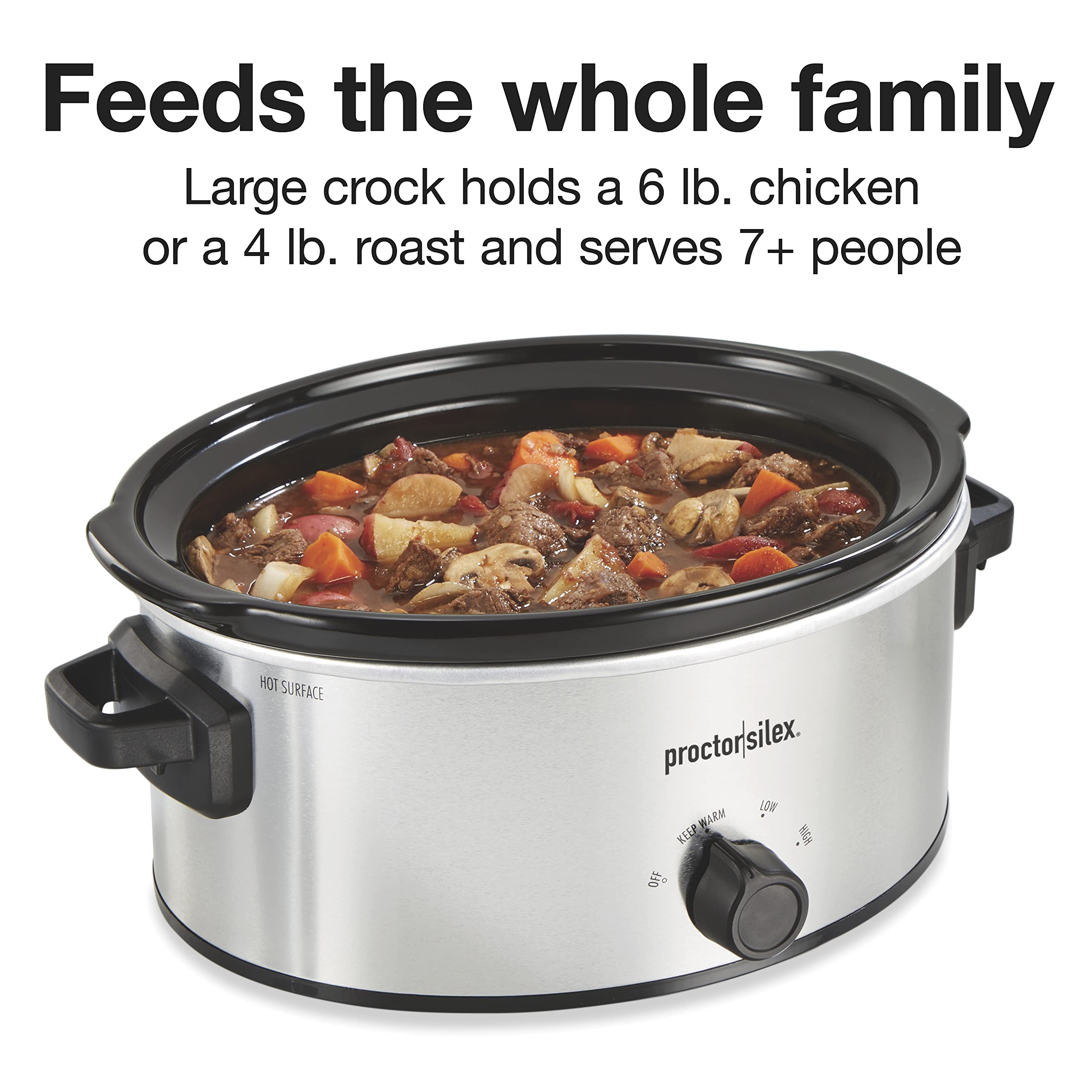Proctor Silex Double Dish Slow Cooker with 6qt Crock and Dual 2.5qt Nonstick Insert to Cook Two Meals at Once, Dishwasher Safe Pot & Lid, Silver (33563)