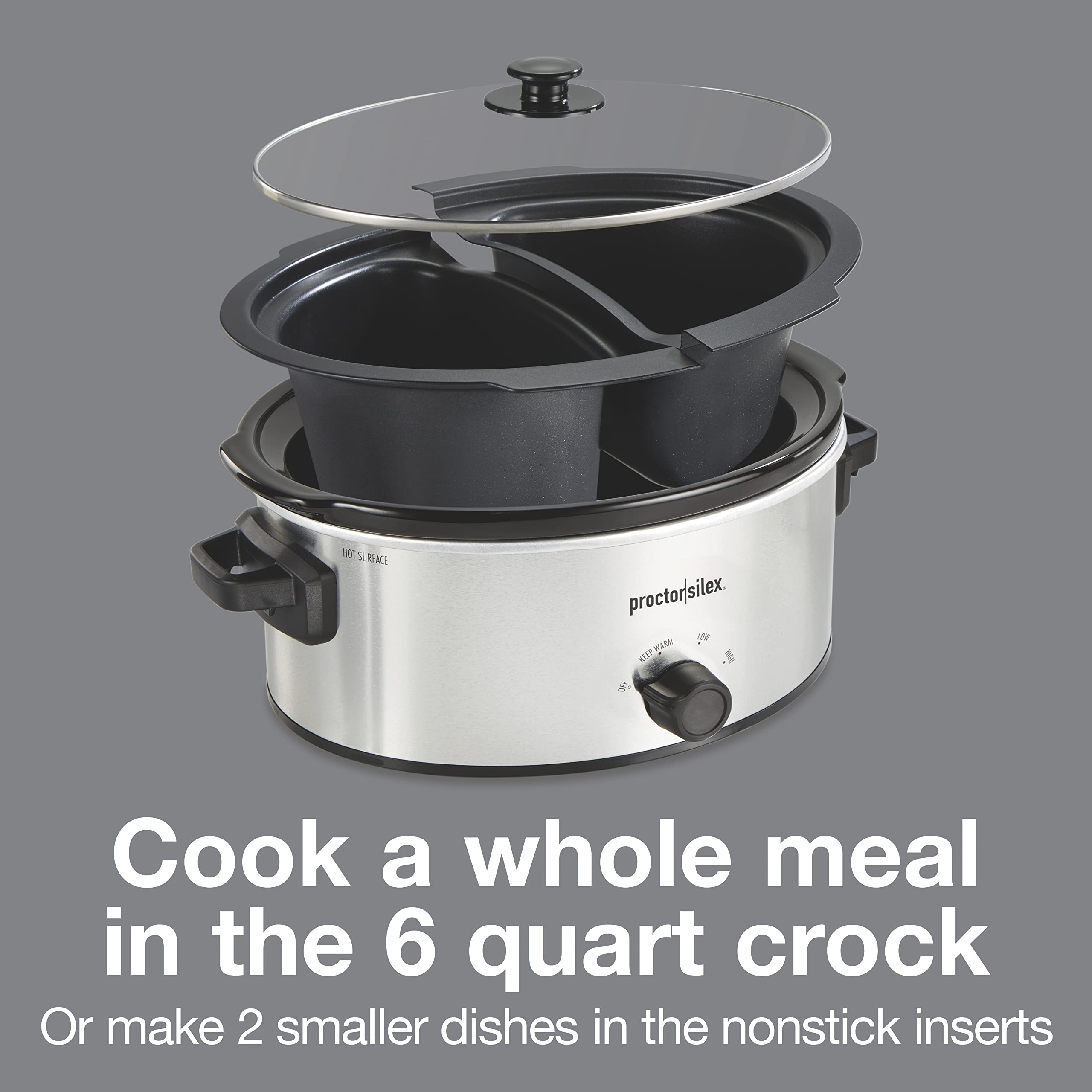 Proctor Silex Double Dish Slow Cooker with 6qt Crock and Dual 2.5qt Nonstick Insert to Cook Two Meals at Once, Dishwasher Safe Pot & Lid, Silver (33563)