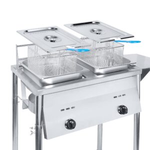 keekr two tank outdoor deep fryer with thermometer | propane deep fryer with 2 stainless steel basket & lid covers | large oil tank capacity with regulating knobs