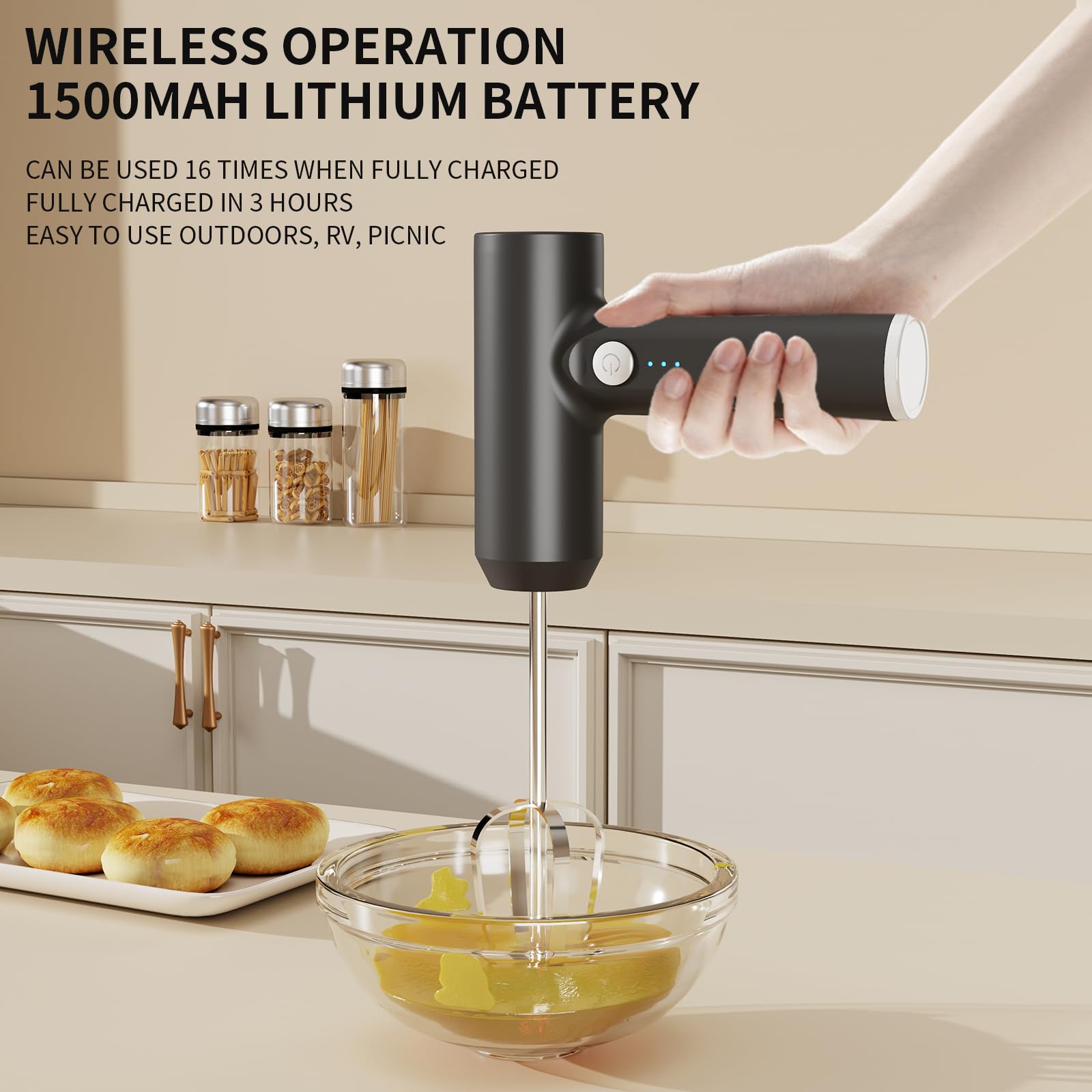 LHBD Cordless Hand Mixer- Electric Whisk USB Rechargeable Handheld Electric Mixing with 3 Speed Self-Control,304 Stainless Steel Egg Beaters & Balloon Whisk for Gifts,Tarts,Pancakes (black)