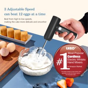 LHBD Cordless Hand Mixer- Electric Whisk USB Rechargeable Handheld Electric Mixing with 3 Speed Self-Control,304 Stainless Steel Egg Beaters & Balloon Whisk for Gifts,Tarts,Pancakes (black)