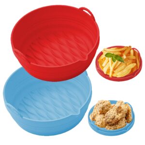 2-pack silicone air fryer liners, 7.5" foldable reuse silicone air fryer basket, easy to clean silicone tray air fryer, deep fryer liner, use instead of parchment fits 3 to 5 qt air fryer (red & blue)