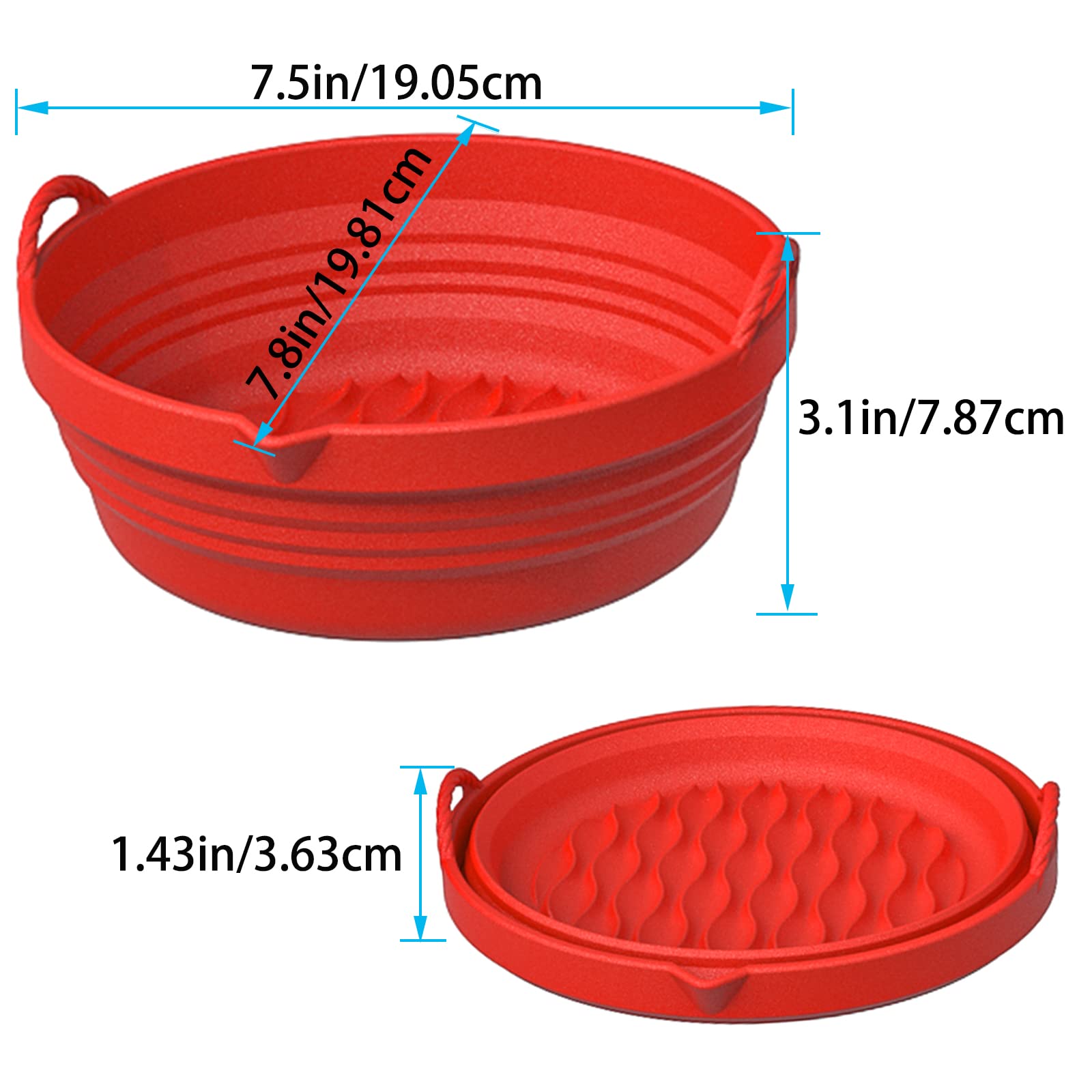 2-Pack Silicone Air Fryer Liners, 7.5" Foldable Reuse Silicone Air Fryer Basket, Easy to Clean Silicone Tray Air Fryer, Deep Fryer Liner, Use Instead of Parchment Fits 3 to 5 QT Air Fryer (Red & Blue)