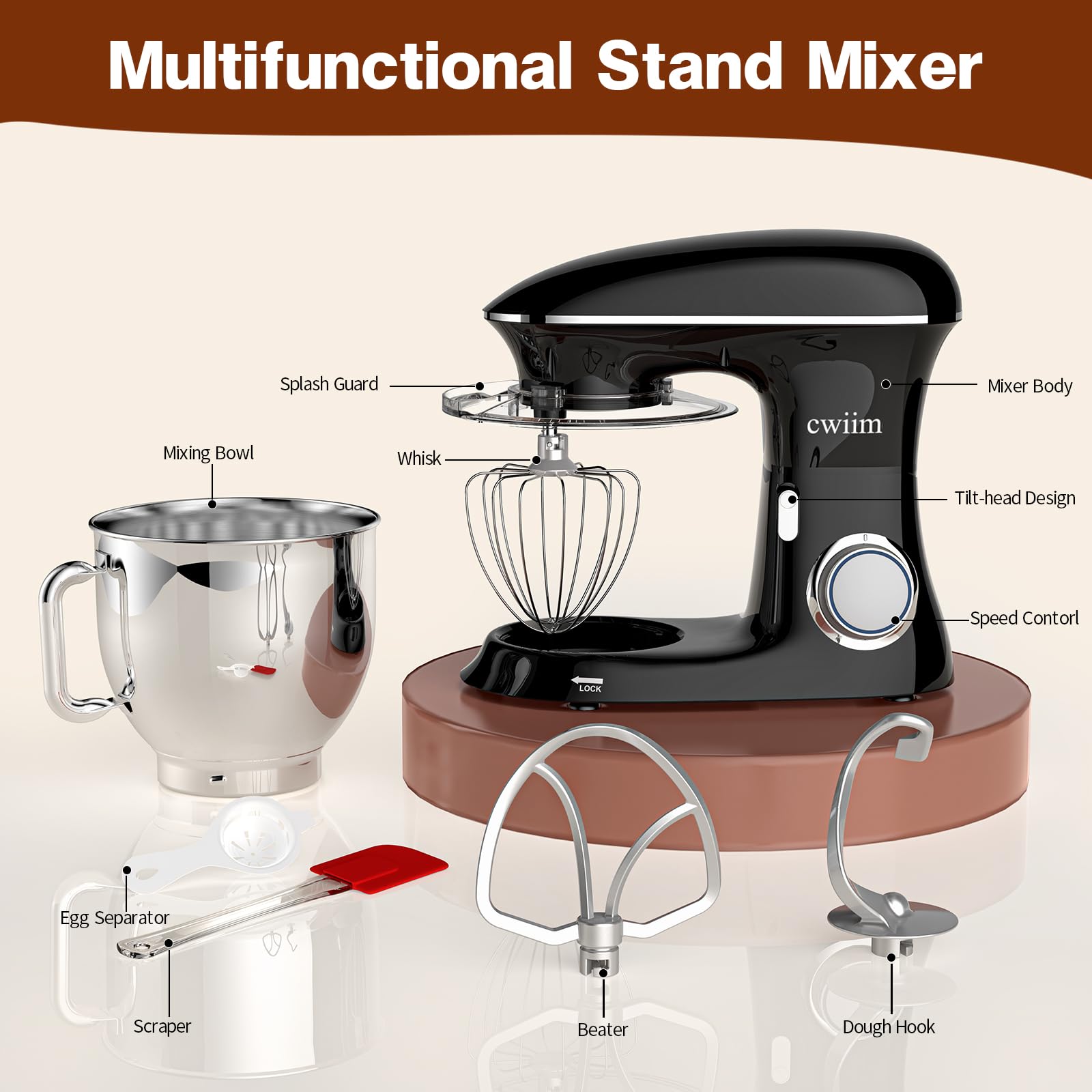 Stand Mixer CWIIM 8.5Qt 660W mixers kitchen electric stand mixer 6+P Speed stand up mixer with Dough Hook, Flat Beater, Whisk, Splash Guard, for dough mixer Baking Bread Cake Cookie Salad Egg (Black)