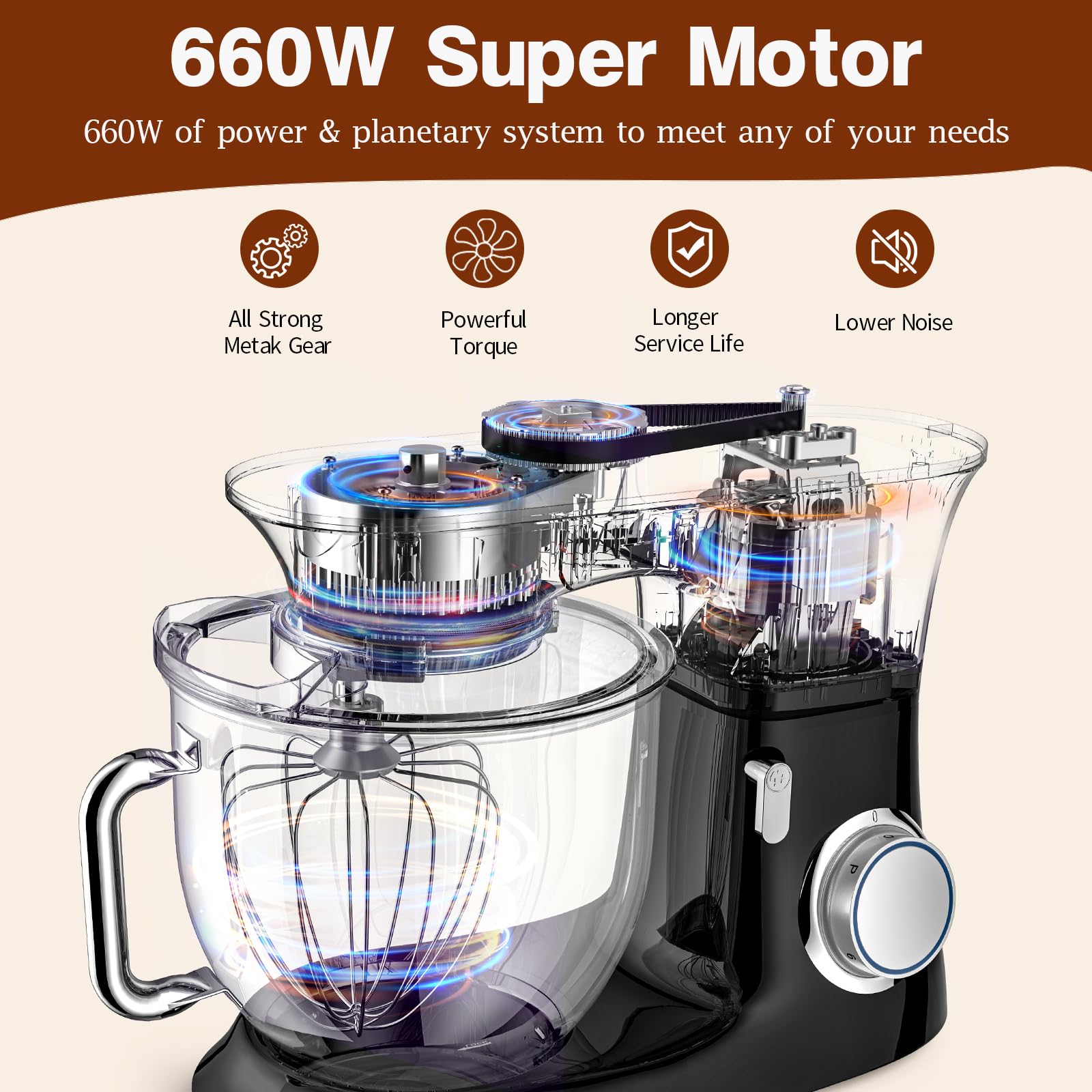 Stand Mixer CWIIM 8.5Qt 660W mixers kitchen electric stand mixer 6+P Speed stand up mixer with Dough Hook, Flat Beater, Whisk, Splash Guard, for dough mixer Baking Bread Cake Cookie Salad Egg (Black)