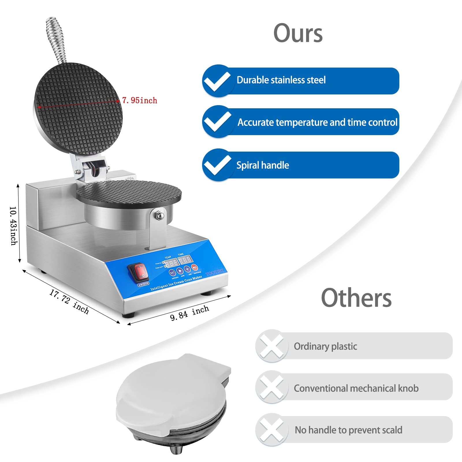 YOOYIST Ice Cream Cone Maker Dessert Taco Cone Waffle Cone Iron Machine Commercial LED Temperature Control Non Stick For Restauant Heavy Duty