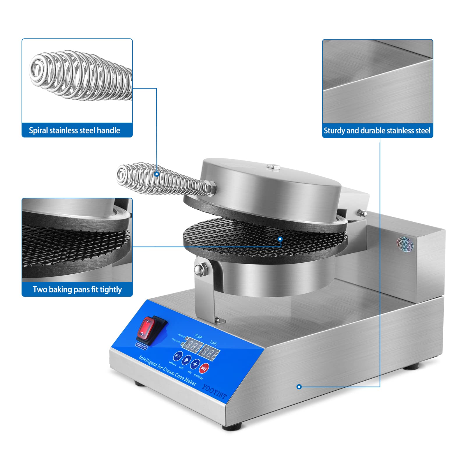 YOOYIST Ice Cream Cone Maker Dessert Taco Cone Waffle Cone Iron Machine Commercial LED Temperature Control Non Stick For Restauant Heavy Duty