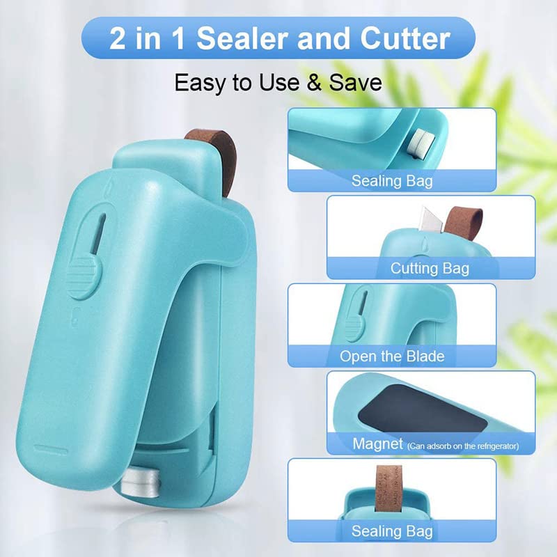 Aphrobeauty Mini Bag Sealer, 2 in 1 Heat Sealer and Cutter with Lanyard, Portable Bag Resealer Machine for Plastic Bags Food Storage Snacks Freshness (2xAA Batteries Included)-Green