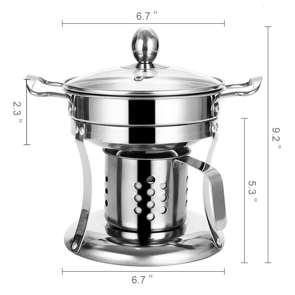 Shabu hot pot Stainless Steel Chafing Dishes hotpot single Mini cooking pot Cookware Non-Magnetic Burner with 2 spoons