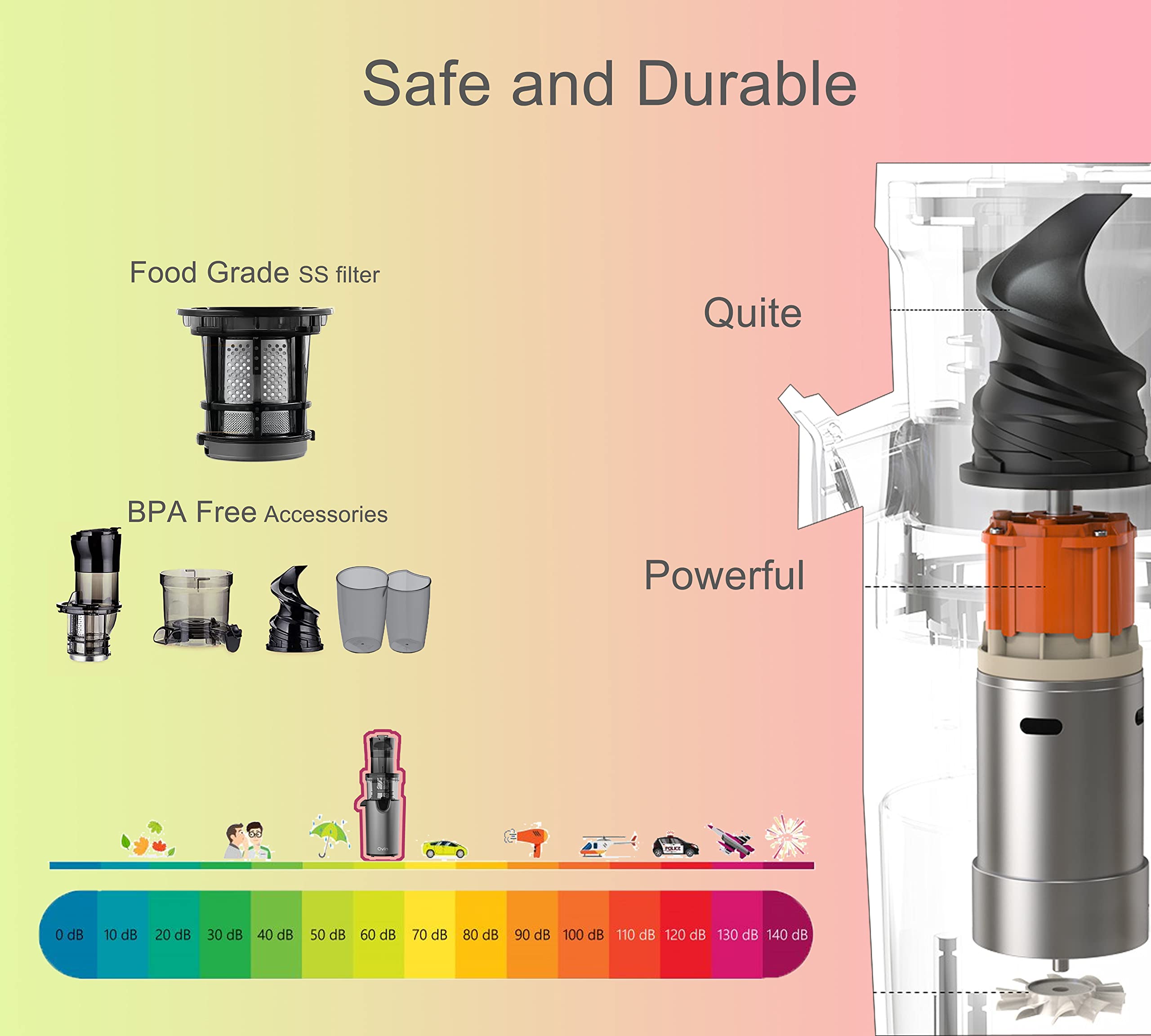 Qvin Compact Slow Masticating Juicer machines 3inch Large Feed Chute, Easy to Clean, BPA Free, 200W Nutritional electrical Cold Press Juicer machine vegetable and fruit,Deluxe Silver-gray