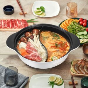 Hot Pot with Divider for Induction Cooker Dual Sided Soup Cookware Two-flavor Chinese Shabu Shabu Pot for Home Party Family Gathering, 4.5 Quart (White)