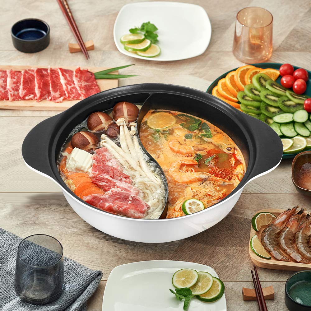 Hot Pot with Divider for Induction Cooker Dual Sided Soup Cookware Two-flavor Chinese Shabu Shabu Pot for Home Party Family Gathering, 4.5 Quart (White)