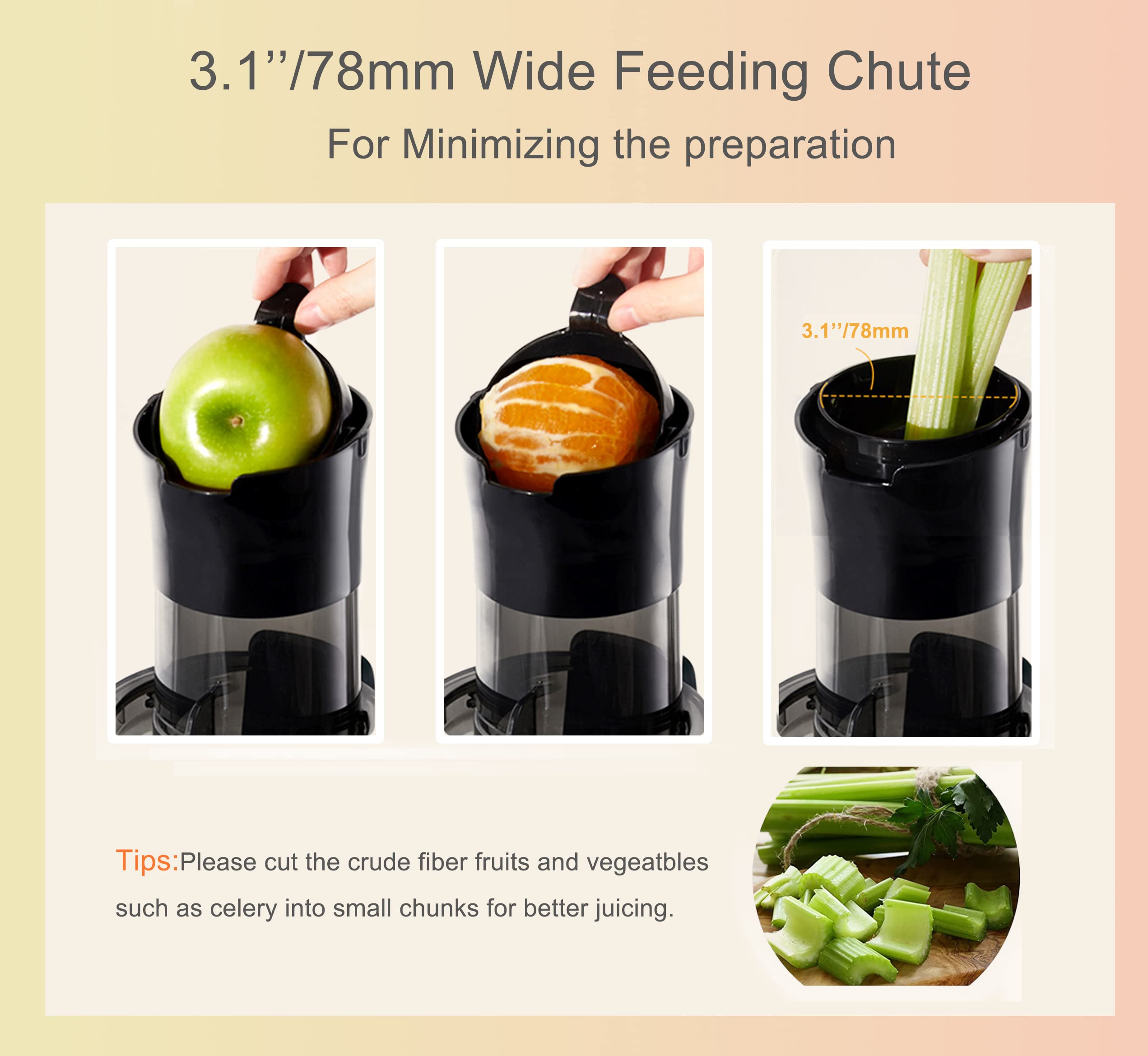Qvin Compact Slow Masticating Juicer machines 3inch Large Feed Chute, Easy to Clean, BPA Free, 200W Nutritional electrical Cold Press Juicer machine vegetable and fruit,Deluxe Silver-gray