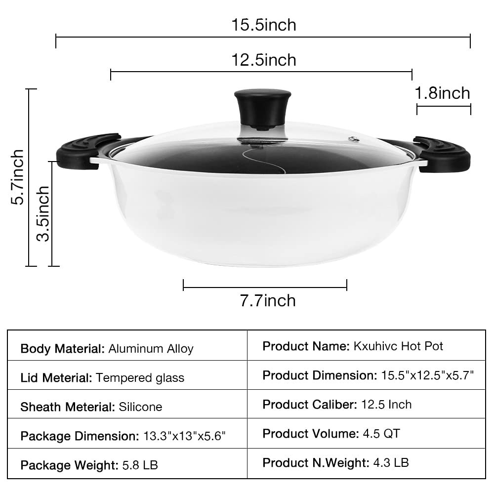 Hot Pot with Divider for Induction Cooker Dual Sided Soup Cookware Two-flavor Chinese Shabu Shabu Pot for Home Party Family Gathering, 4.5 Quart (White)