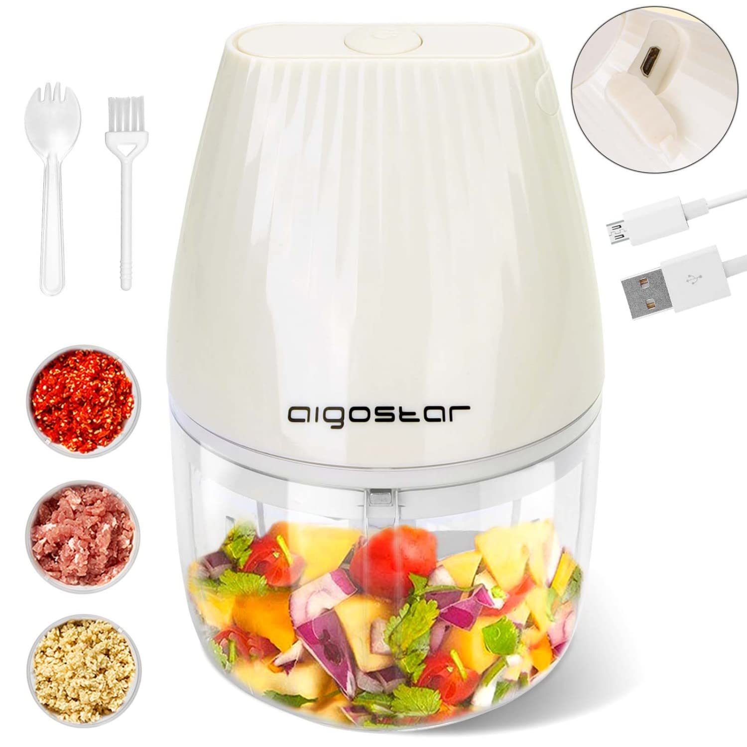 Aigostar Electric Mini Garlic Chopper, Cordless Mini Chopper Food Processor, Portable Small Food Chopper, Mini Garlic Chopper Blender for Onion Ginger Spice Meat, Veggie, Nuts, Baby Food, Puree 250ml