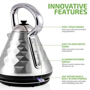 OVENTE Electric Kettle Hot Water Boiler Stainless Steel 1.7 L Automatic Shut-Off 1500W Cleo Collection Cool Touch Handle Portable Brew Coffee Maker Tea Heater w/ Boil Dry Protection Brushed KS755BR