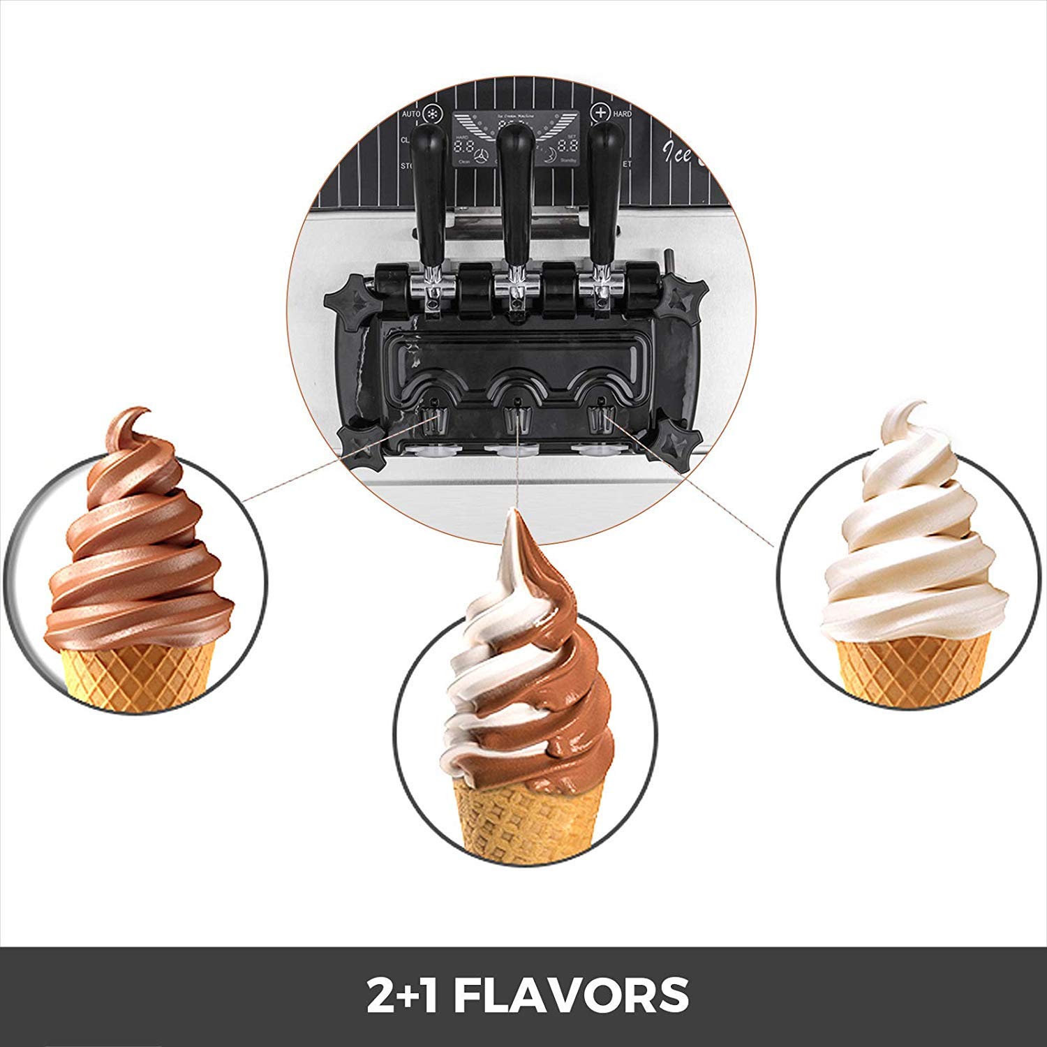 VEVOR Commercial Ice Cream Machine 5.3 to 7.4Gal per Hour Soft Serve with LED Display Auto Clean 3 Flavors Perfect for Restaurants Snack Bar