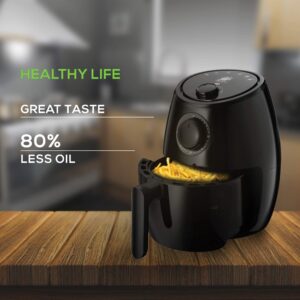 J-Jati Air Fryer Cool Touch Housing Dial/Digital Hot Air Healthy Frying Oil-Free AirFryer Auto Shutoff, Dishwasher safe parts, Space Saving Black (2.0L)