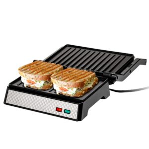 ovente electric indoor panini press grill and sandwich maker with non-stick coated plates, cool-touch handle and removable drip tray, opens 180 degrees to fit any type or size of food, silver gp0540br