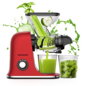 hervigour cold press juicer machine, dual mouth slow masticating juicer, compact design to extract juice from fruits and vegetables, celery and wheatgrass juice maker, easy to clean, bpa free (red)