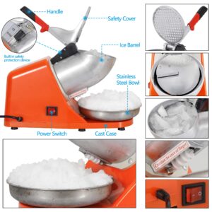 F2C Electric Ice Crusher Shaver Snow Cone Maker with Dual Stainless Steel Blades 300W 145 lbs/hr for Home and Commercial Use (Orange)