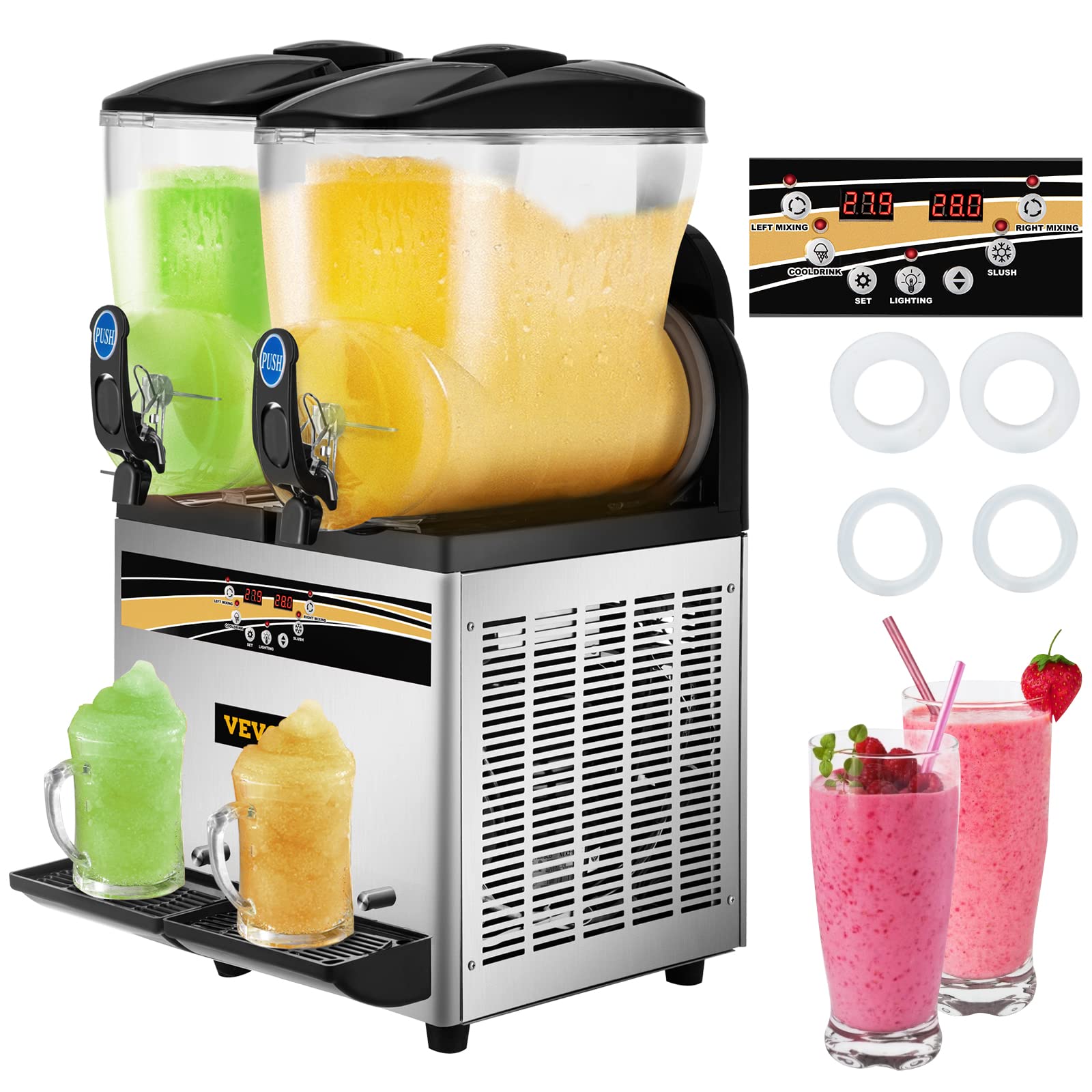 VEVOR Commercial Slushy Machine, 15Lx2 Tank Margarita Maker, 1000W Stainless Steel Smoothie Frozen Drink Maker for Supermarkets Cafés Restaurants Bars Home Use