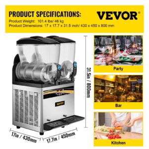 VEVOR Commercial Slushy Machine, 15Lx2 Tank Margarita Maker, 1000W Stainless Steel Smoothie Frozen Drink Maker for Supermarkets Cafés Restaurants Bars Home Use